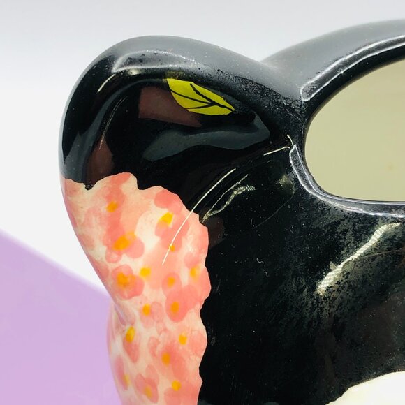 Vintage 90s Bella Casa GANZ Black Cat Head Vase: Whimsical Floral - Pink Bow - Picture 9 of 12